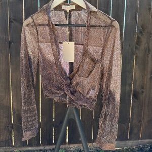 bronze metallic sheer tie front crop top